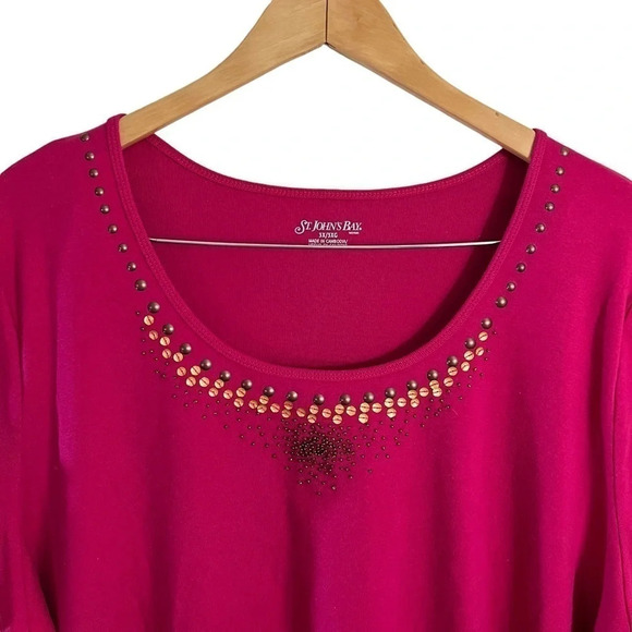 St. John’s Bay Hot Pink Blouse Plus Size 3X Beaded Sequins Embellished Neckline - Picture 3 of 7